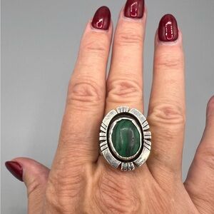 Navajo NAKAI artist signed Malachite Sterling Ring. Size 9.5.